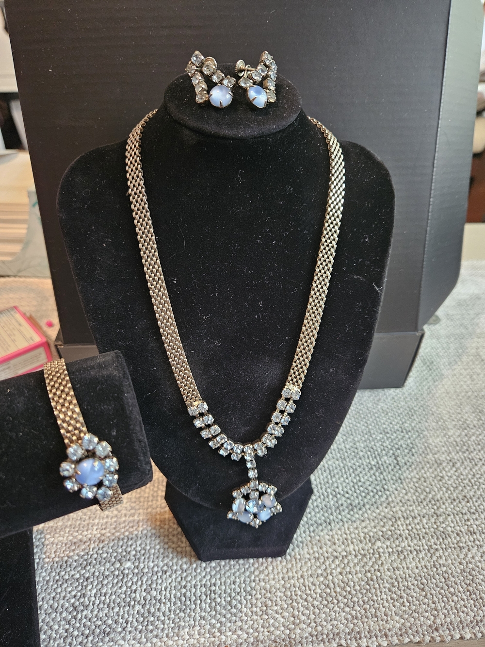 Vintage Blue Crystal Statement Necklace, Bracelet & Earrings Set